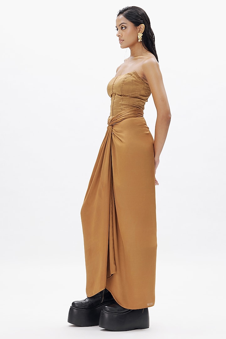 Gold Vegan Modal Satin Draped Skirt Set by Aroka at Pernia's Pop Up Shop