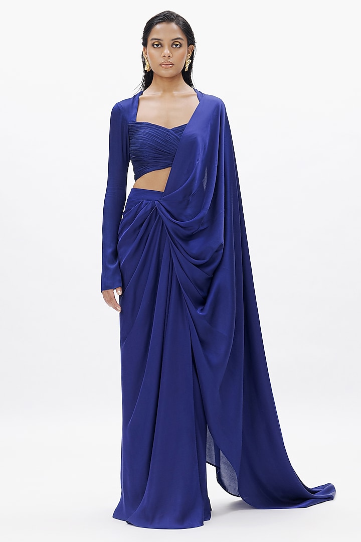 Royal Blue Vegan Modal Satin Pre-Draped Saree Set by Aroka at Pernia's Pop Up Shop