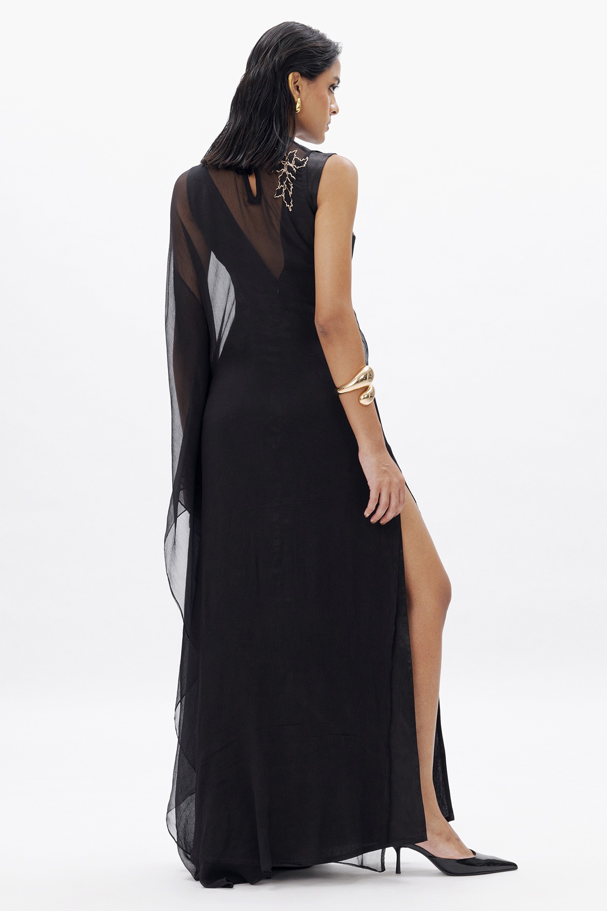 Black Vegan Chiffon Dabka Work Asymmetrical Sheer Dress by Aroka