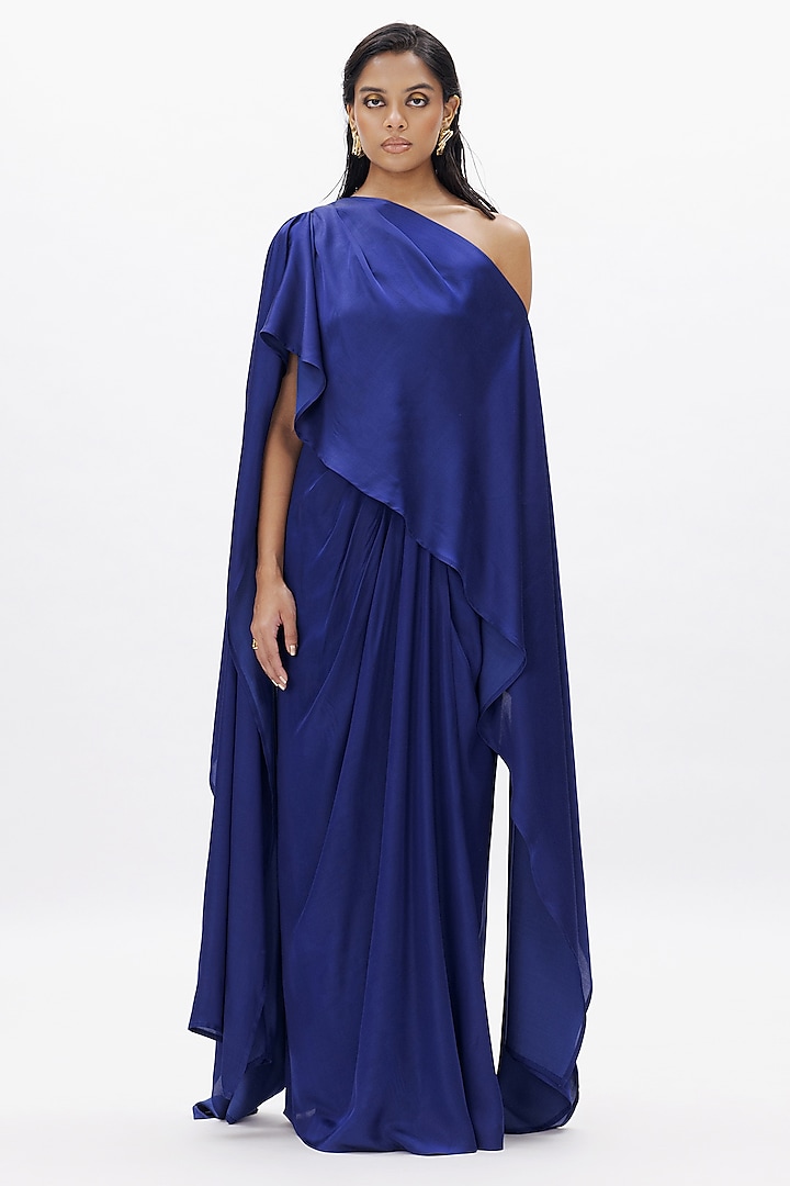 Blue Modal Satin Pleated Skirt Set by Aroka at Pernia's Pop Up Shop