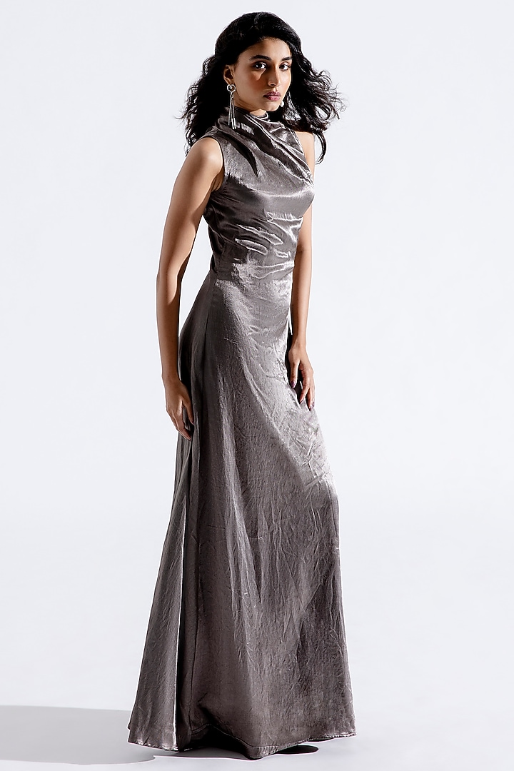 Silver Vegan Mashru Maxi Cowl Summer Dress by Aroka at Pernia's Pop Up Shop