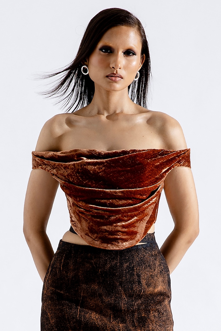 Brown Silk Velvet Off-Shoulder Corset Top by Aroka