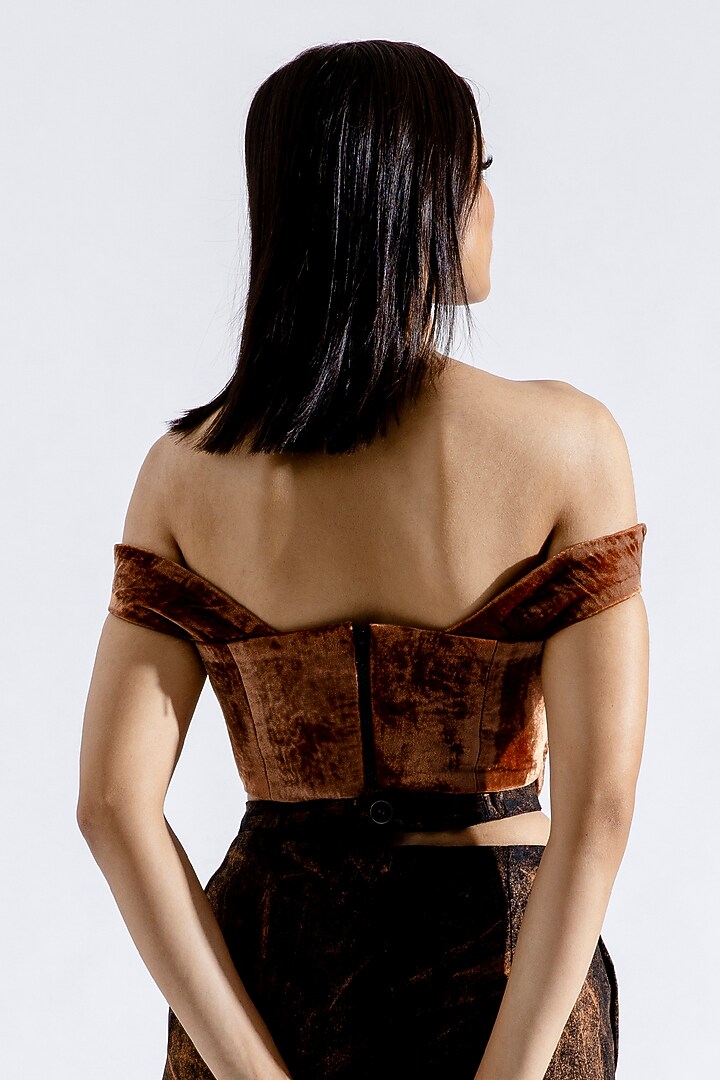 Brown Silk Velvet Off-Shoulder Corset Top by Aroka at Pernia's Pop Up Shop