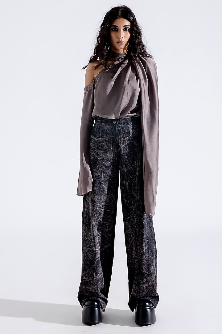 Steel Grey Hand Textured Denim Printed Pants by Aroka at Pernia's Pop Up Shop