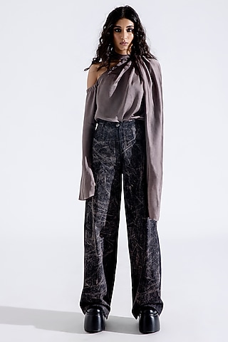 Steel Grey Hand Textured Denim Printed Pants by Aroka