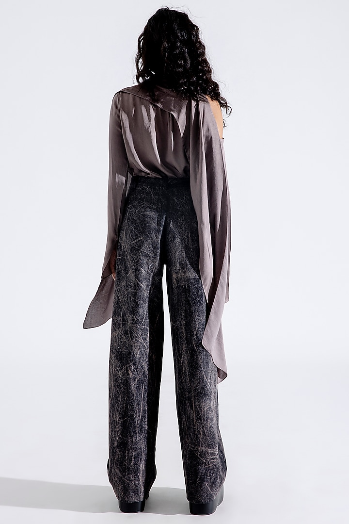 Steel Grey Hand Textured Denim Printed Pants by Aroka at Pernia's Pop Up Shop