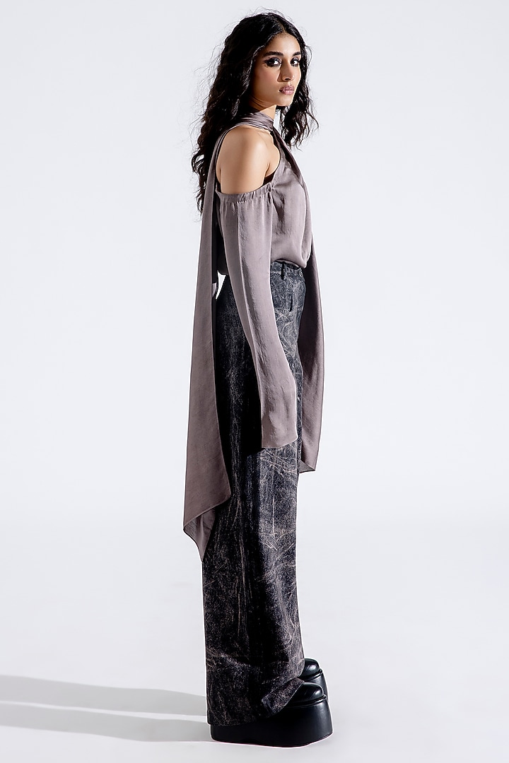 Steel Grey Hand Textured Denim Printed Pants by Aroka at Pernia's Pop Up Shop