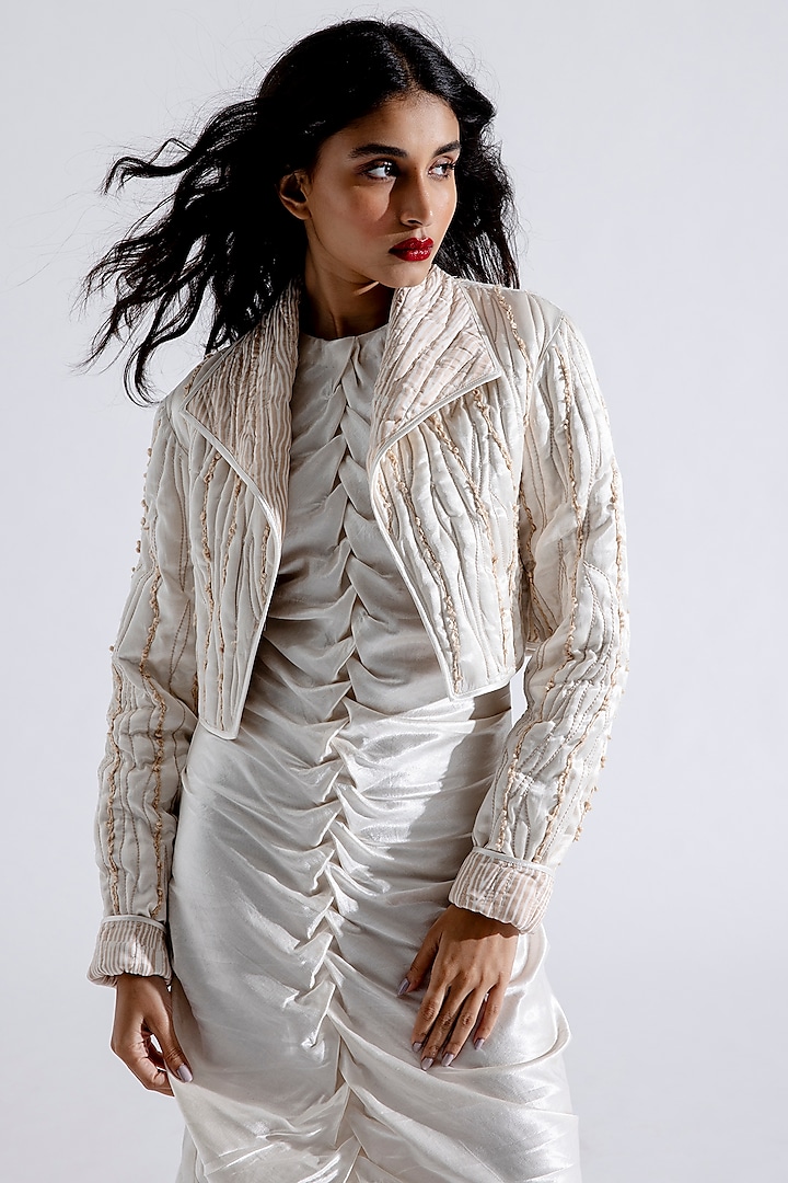 Off-White Mashru Embroidered Quilted Jacket by Aroka