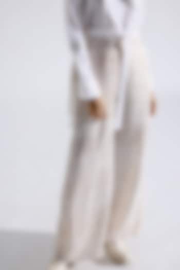 Beige Modal Satin Block Striped Printed Pants by Aroka at Pernia's Pop Up Shop