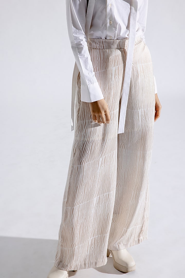 Beige Modal Satin Block Striped Printed Pants by Aroka at Pernia's Pop Up Shop
