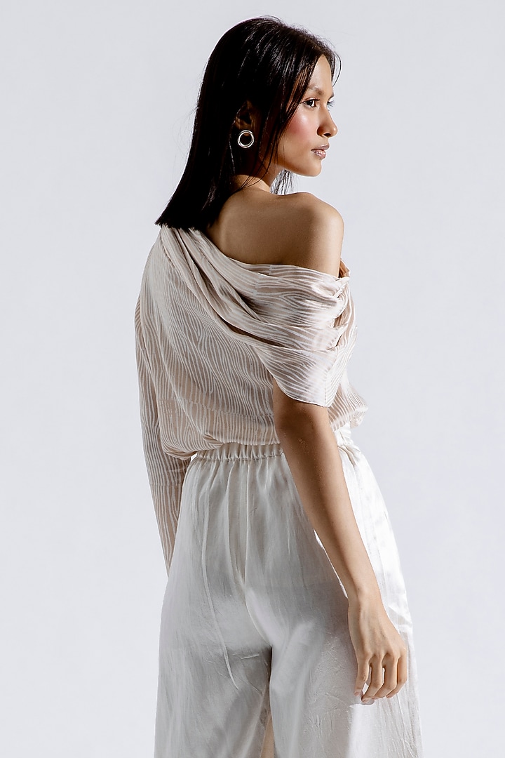 Beige Modal Satin Striped Printed Off-Shoulder Top by Aroka at Pernia's Pop Up Shop