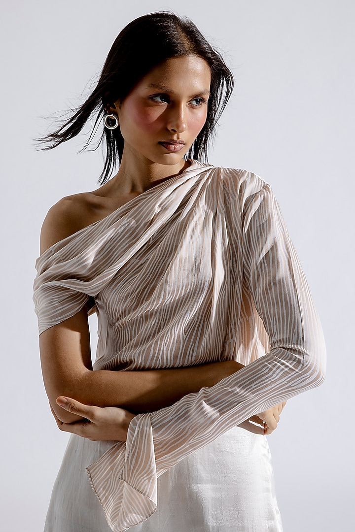 Beige Modal Satin Striped Printed Off-Shoulder Top by Aroka at Pernia's Pop Up Shop