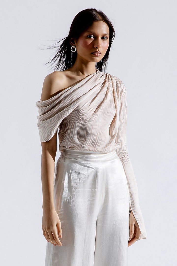 Beige Modal Satin Striped Printed Off-Shoulder Top by Aroka at Pernia's Pop Up Shop