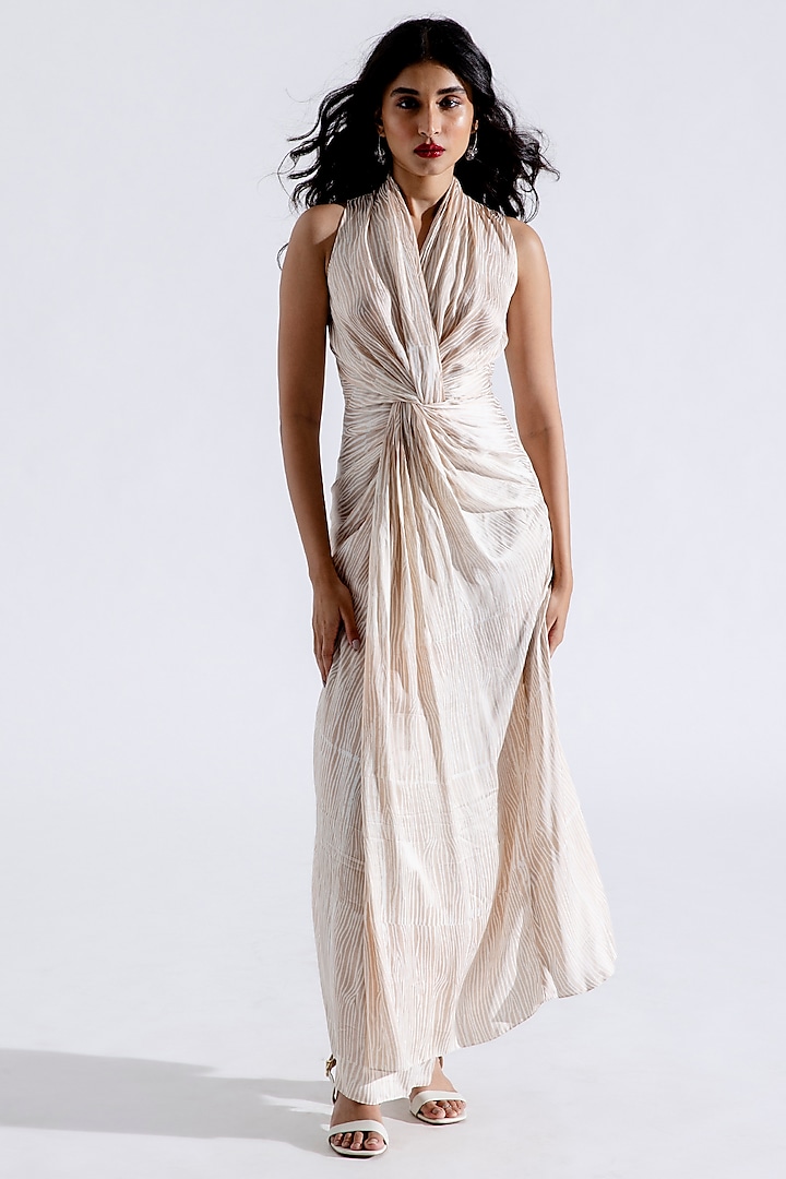 Beige Modal Satin Striped Printed Maxi Dress by Aroka