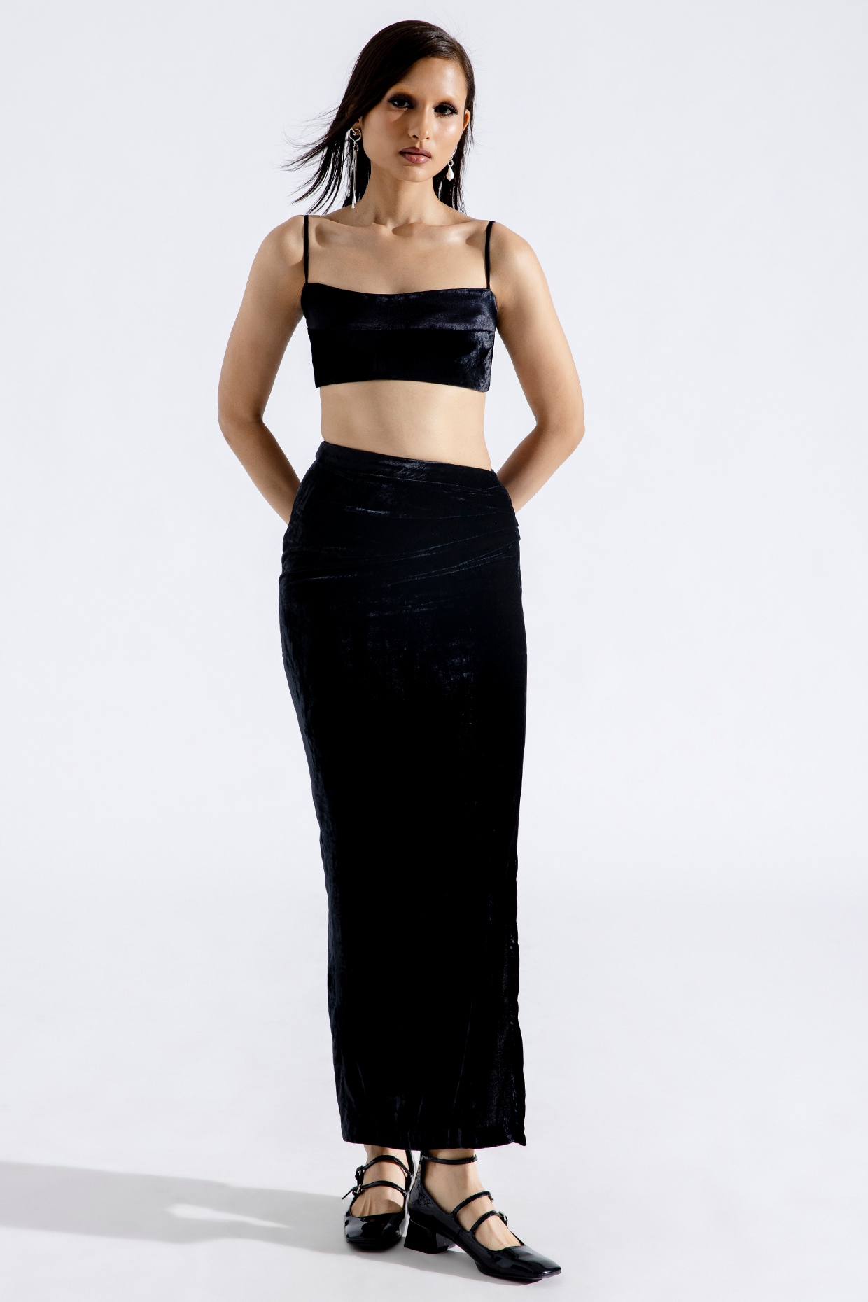 Black Velvet Ruched Skirt Design by Aroka at Pernia's Pop Up