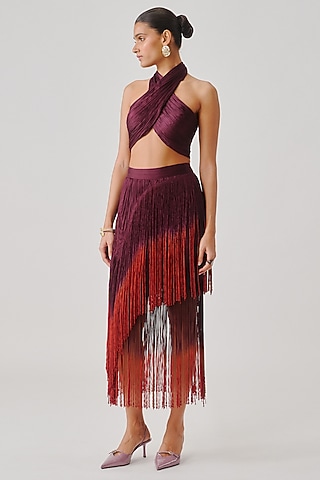 Burgundy Modal Satin Draped Halter Top by Aroka