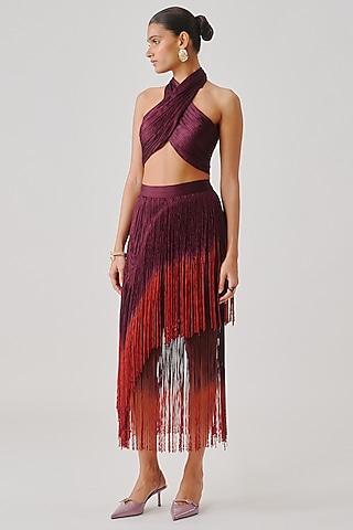 Wine & Rust Modal Satin Layered Ombre Midi Skirt by Aroka