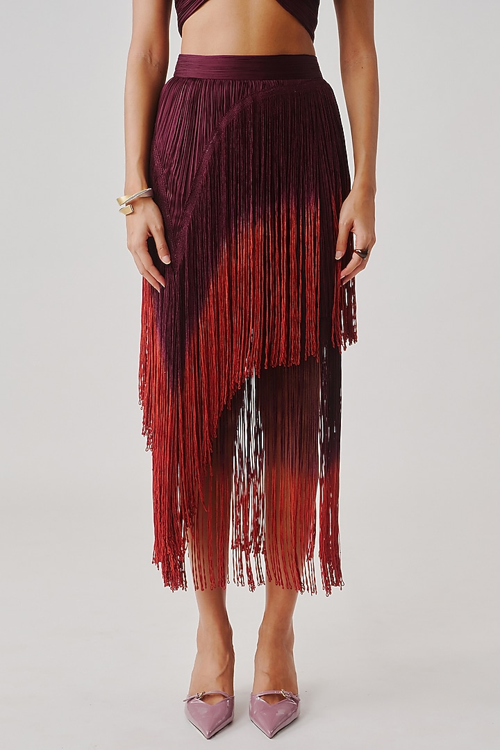 Wine & Rust Modal Satin Layered Ombre Midi Skirt by Aroka at Pernia's Pop Up Shop