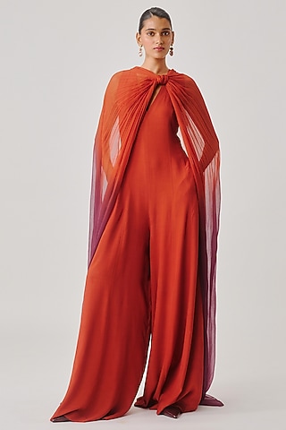 Deep Rust Moroccan Crepe Jumpsuit With Scarf by Aroka