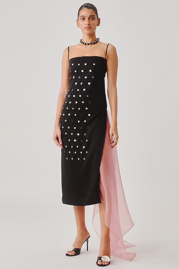 Black Japanese Crepe Mirror Embroidered Straight Cocktail Dress by Aroka at Pernia's Pop Up Shop