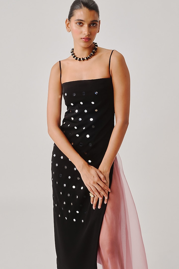 Black Japanese Crepe Mirror Embroidered Straight Cocktail Dress by Aroka at Pernia's Pop Up Shop