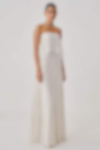 White Vegan Mashru Strapless Draped Party Wear Gown by Aroka at Pernia's Pop Up Shop