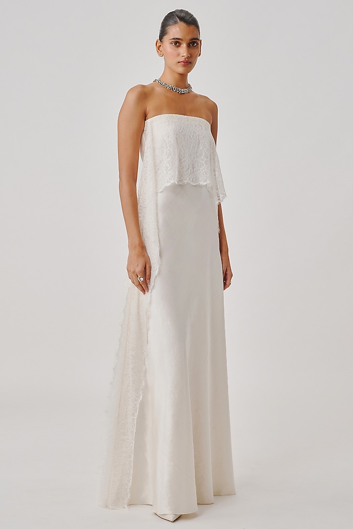 White Vegan Mashru Strapless Draped Party Wear Gown by Aroka at Pernia's Pop Up Shop
