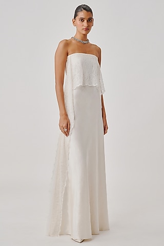 White Vegan Mashru Strapless Draped Gown by Aroka