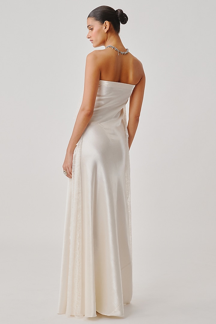 White Vegan Mashru Strapless Draped Party Wear Gown by Aroka at Pernia's Pop Up Shop