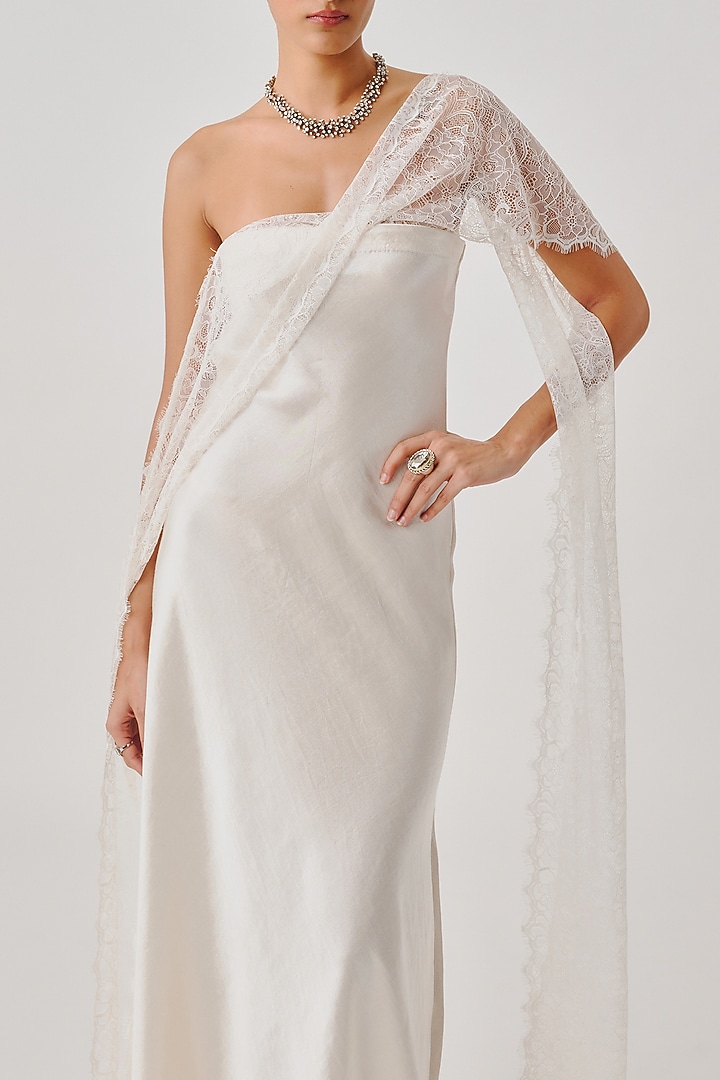White Vegan Mashru Strapless Draped Party Wear Gown by Aroka at Pernia's Pop Up Shop