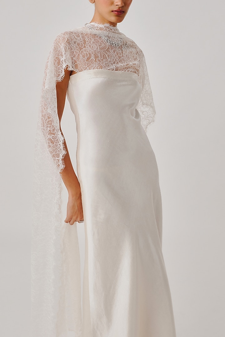 White Vegan Mashru Strapless Draped Party Wear Gown by Aroka at Pernia's Pop Up Shop