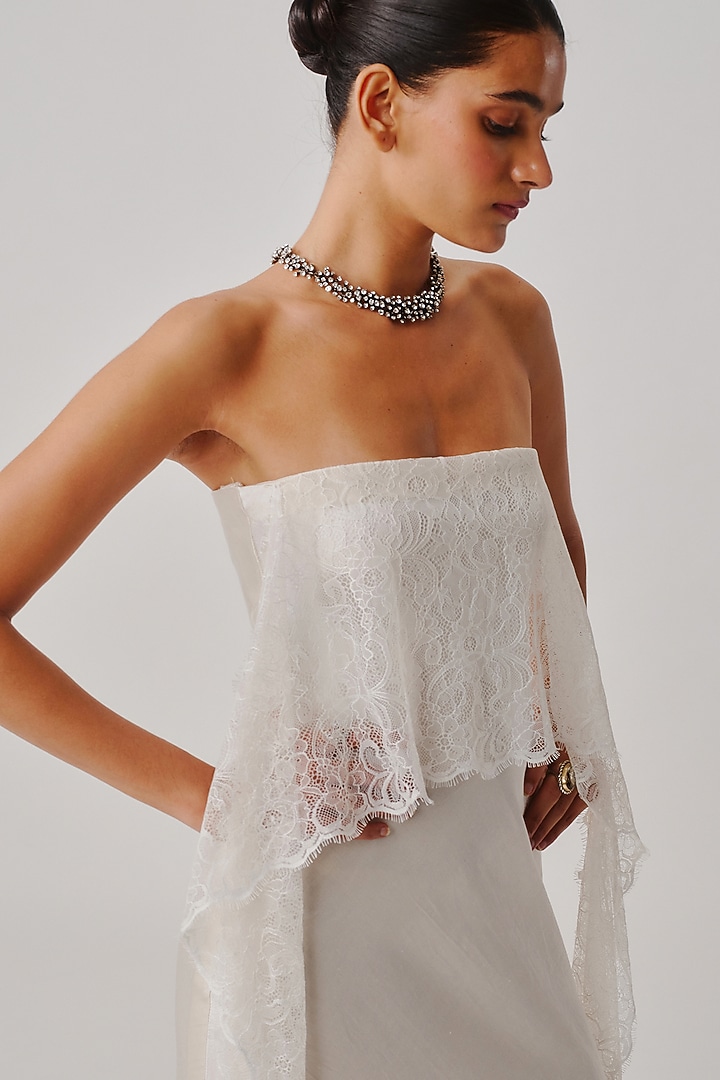 White Vegan Mashru Strapless Draped Party Wear Gown by Aroka at Pernia's Pop Up Shop