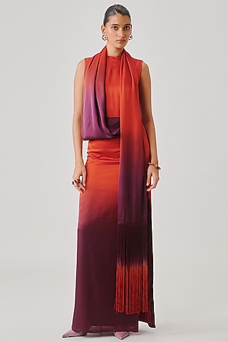 Rust & Burgundy Modal Satin Draped Ombre Dress by Aroka