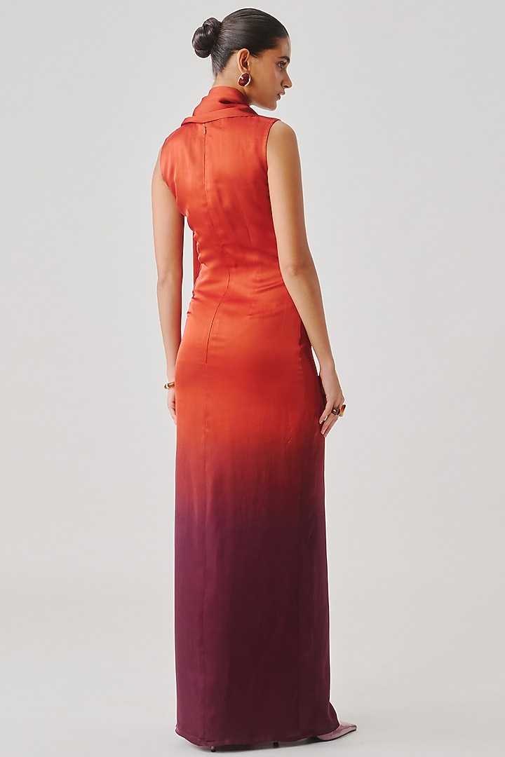 Rust & Burgundy Modal Satin Draped Ombre Dress by Aroka at Pernia's Pop Up Shop