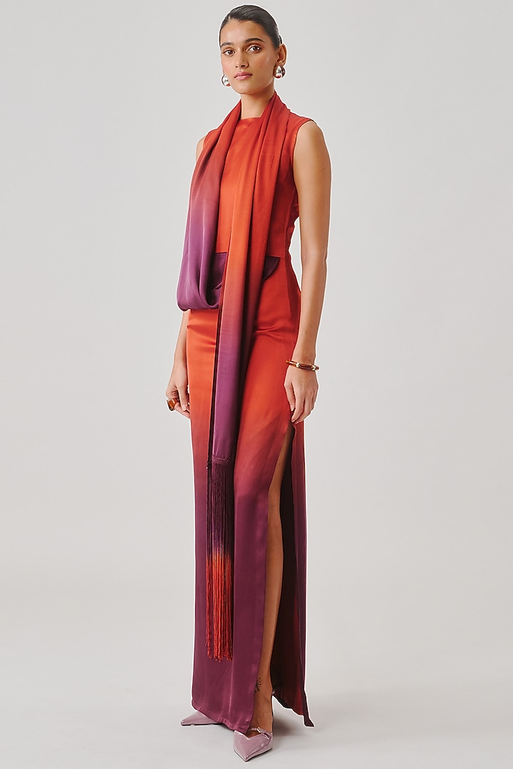 Rust & Burgundy Modal Satin Draped Ombre Dress by Aroka at Pernia's Pop Up Shop