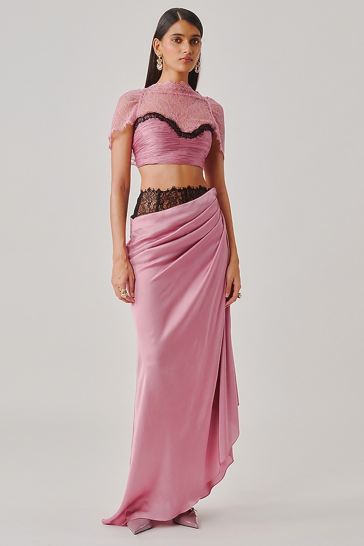 Dusty Rose Pink Modal Satin & Lace Draped Skirt by Aroka at Pernia's Pop Up Shop