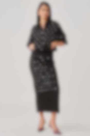 Black Japanese Crepe Mirror Embellished Midi Skirt by Aroka at Pernia's Pop Up Shop