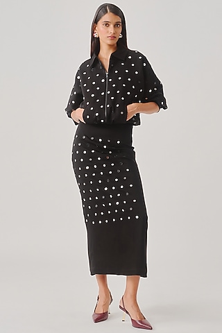 Black Japanese Crepe Mirror Embellished Midi Skirt by Aroka