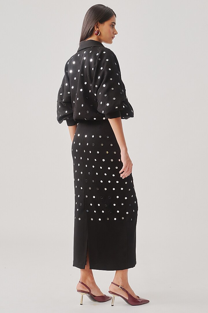 Black Japanese Crepe Mirror Embellished Midi Skirt by Aroka at Pernia's Pop Up Shop