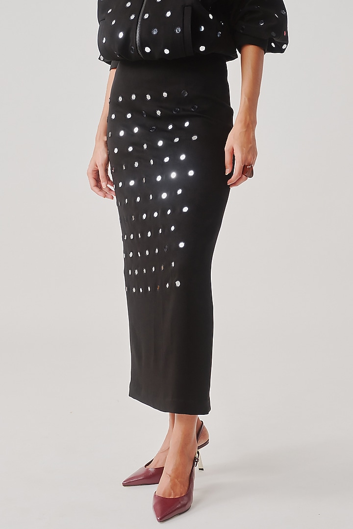 Black Japanese Crepe Mirror Embellished Midi Skirt by Aroka at Pernia's Pop Up Shop