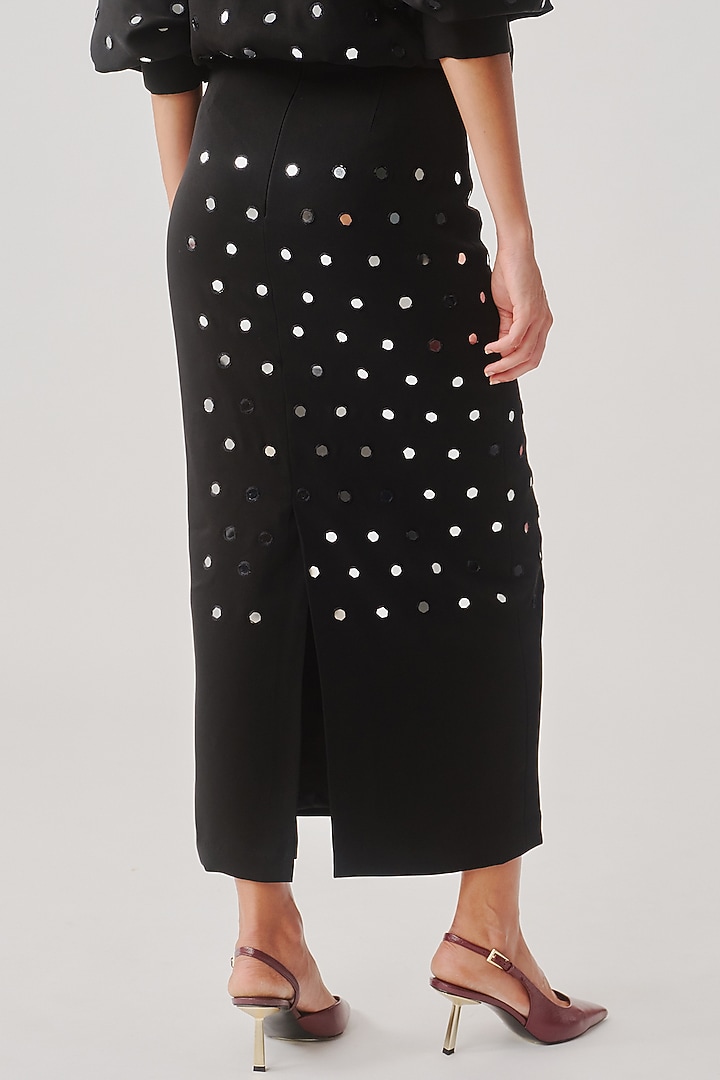Black Japanese Crepe Mirror Embellished Midi Skirt by Aroka at Pernia's Pop Up Shop