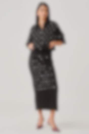 Black Japanese Crepe Mirror Embellished Bomber Jacket by Aroka at Pernia's Pop Up Shop