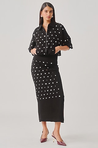 Black Japanese Crepe Mirror Embellished Bomber Jacket by Aroka