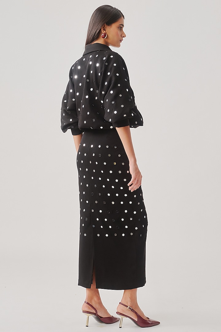 Black Japanese Crepe Mirror Embellished Bomber Jacket by Aroka at Pernia's Pop Up Shop