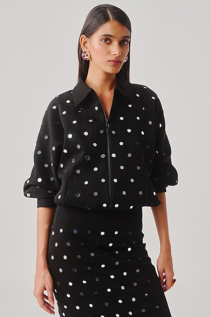 Black Japanese Crepe Mirror Embellished Bomber Jacket by Aroka at Pernia's Pop Up Shop