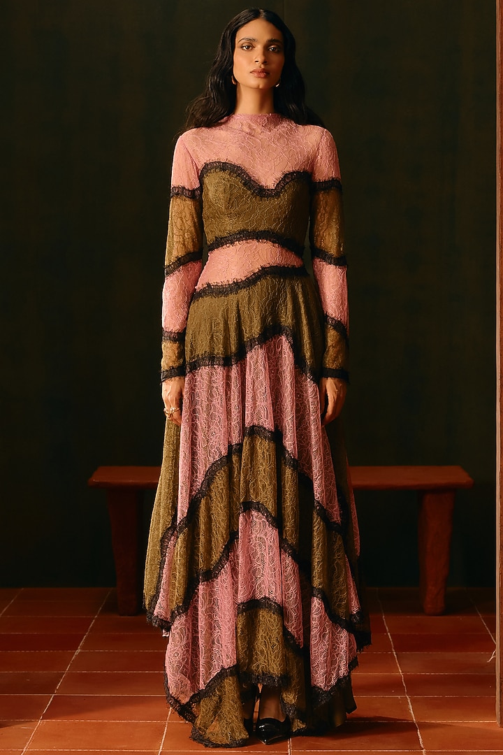 Dusty Rose Pink & Olive Lace Layered Bridal Gown by Aroka at Pernia's Pop Up Shop