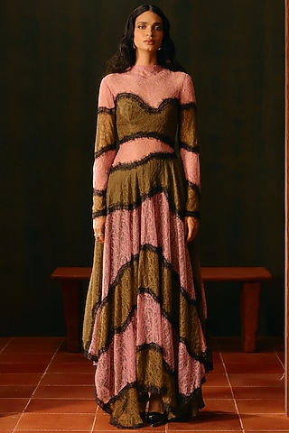 Dusty Rose Pink & Olive Lace Layered Gown by Aroka