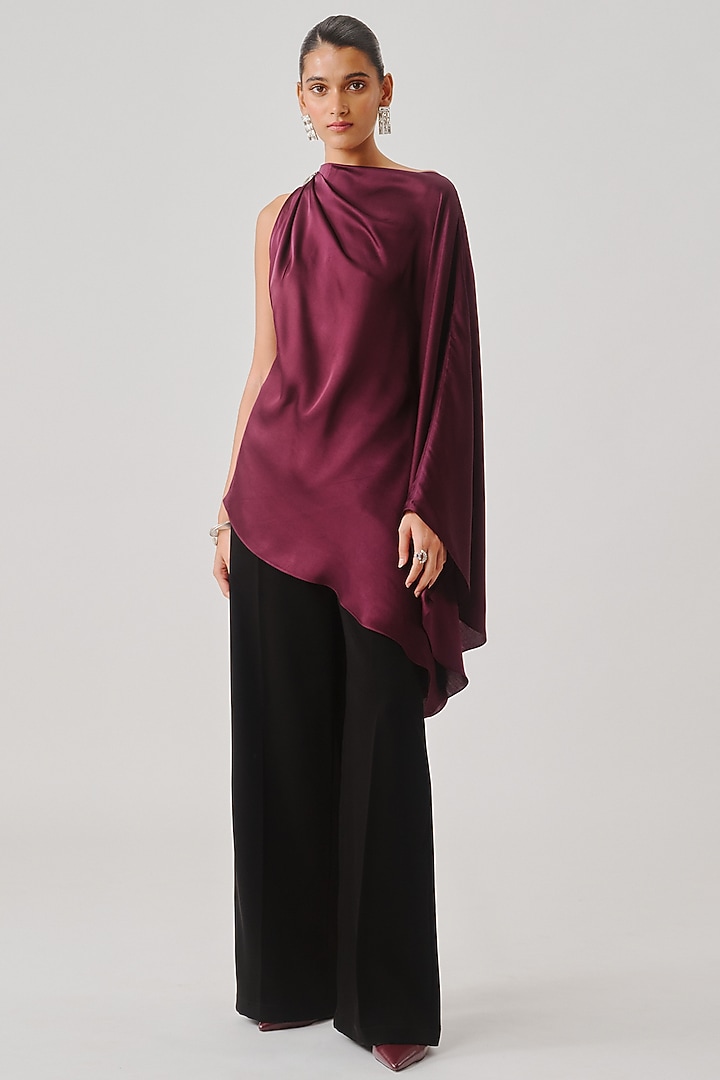 Deep Burgundy Modal Satin Pleated Top by Aroka at Pernia's Pop Up Shop