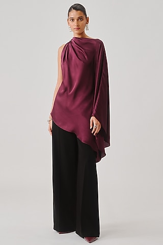 Deep Burgundy Modal Satin Pleated Top by Aroka