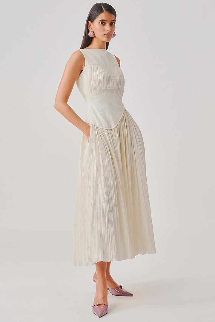 Ivory Poplin Lace Applique Corset Party Wear Dress by Aroka at Pernia's Pop Up Shop